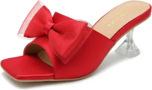 LIURUIJIA Women's Bow Heels Mules Sandals Square Toe Slip On Low Kitten Heels Wedding Bridal Dress Shoes