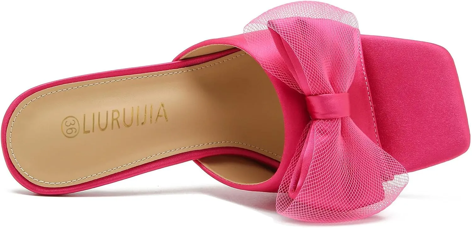 LIURUIJIA Women's Bow Heels Mules Sandals Square Toe Slip On Low Kitten Heels Wedding Bridal Dress Shoes
