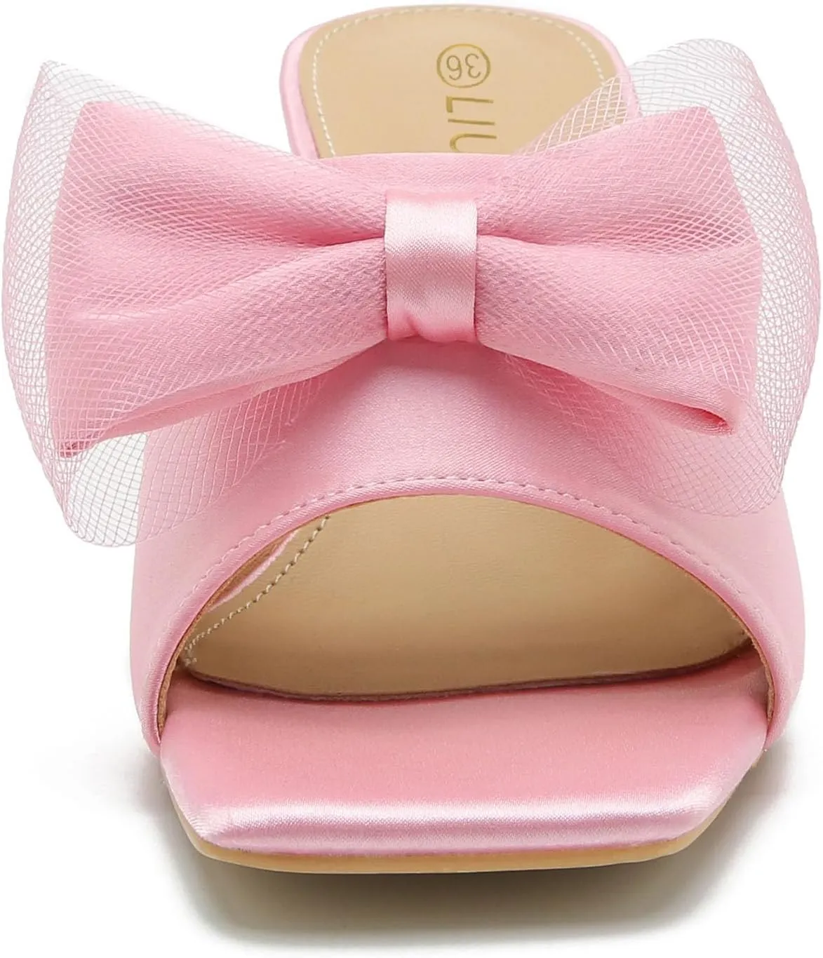 LIURUIJIA Women's Bow Heels Mules Sandals Square Toe Slip On Low Kitten Heels Wedding Bridal Dress Shoes