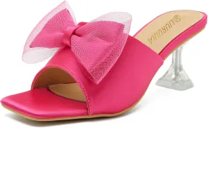 LIURUIJIA Women's Bow Heels Mules Sandals Square Toe Slip On Low Kitten Heels Wedding Bridal Dress Shoes