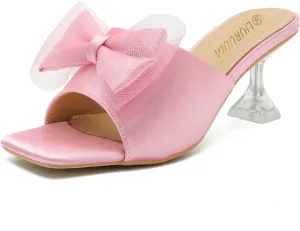 LIURUIJIA Women's Bow Heels Mules Sandals Square Toe Slip On Low Kitten Heels Wedding Bridal Dress Shoes