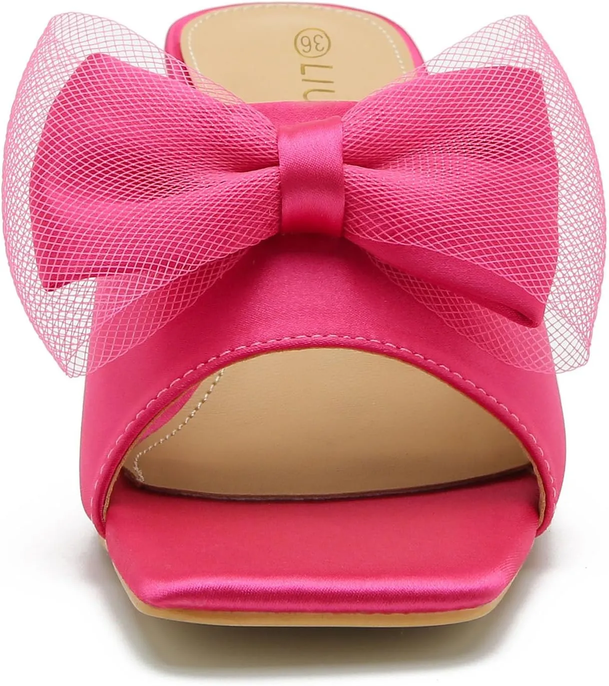 LIURUIJIA Women's Bow Heels Mules Sandals Square Toe Slip On Low Kitten Heels Wedding Bridal Dress Shoes