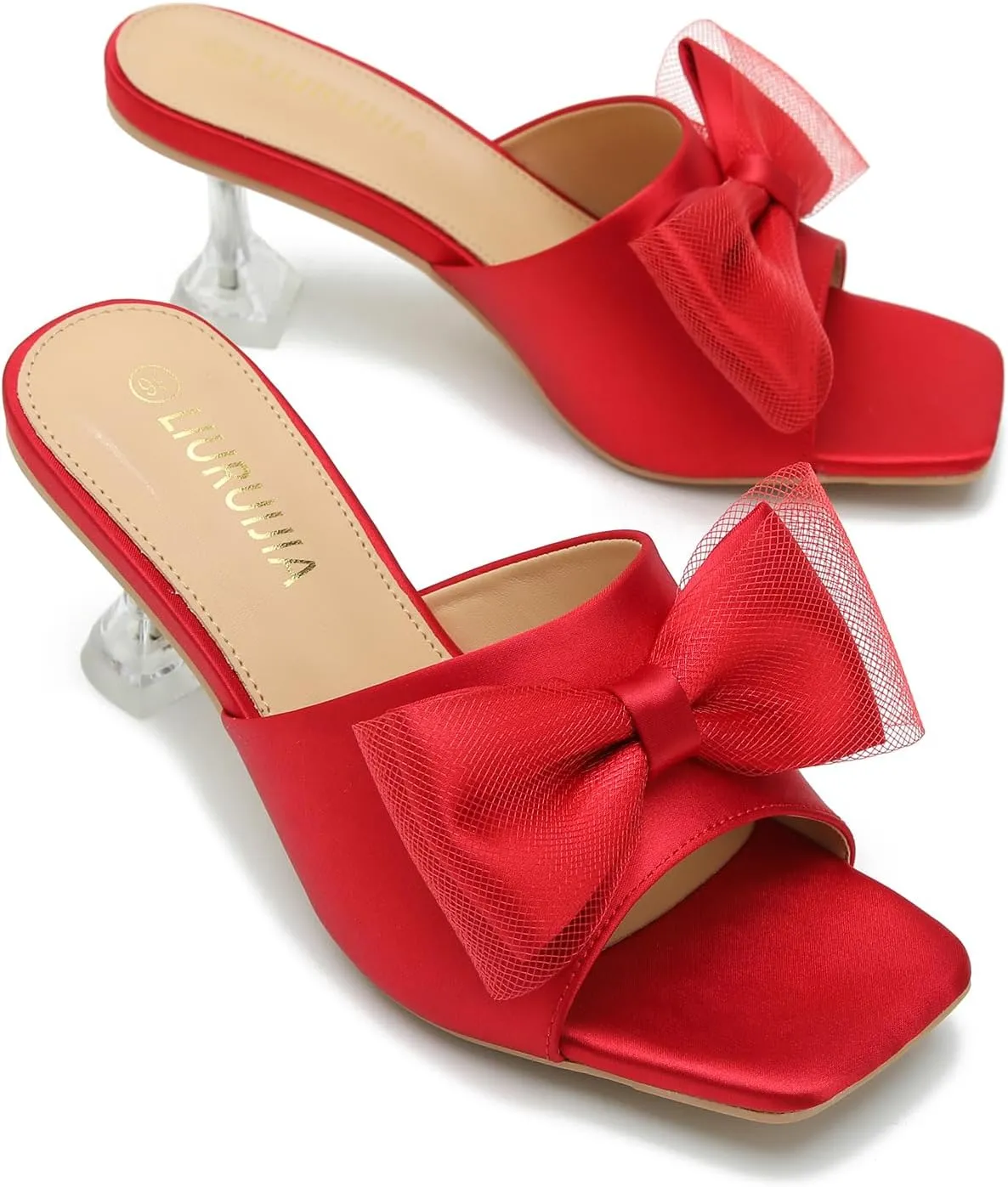 LIURUIJIA Women's Bow Heels Mules Sandals Square Toe Slip On Low Kitten Heels Wedding Bridal Dress Shoes