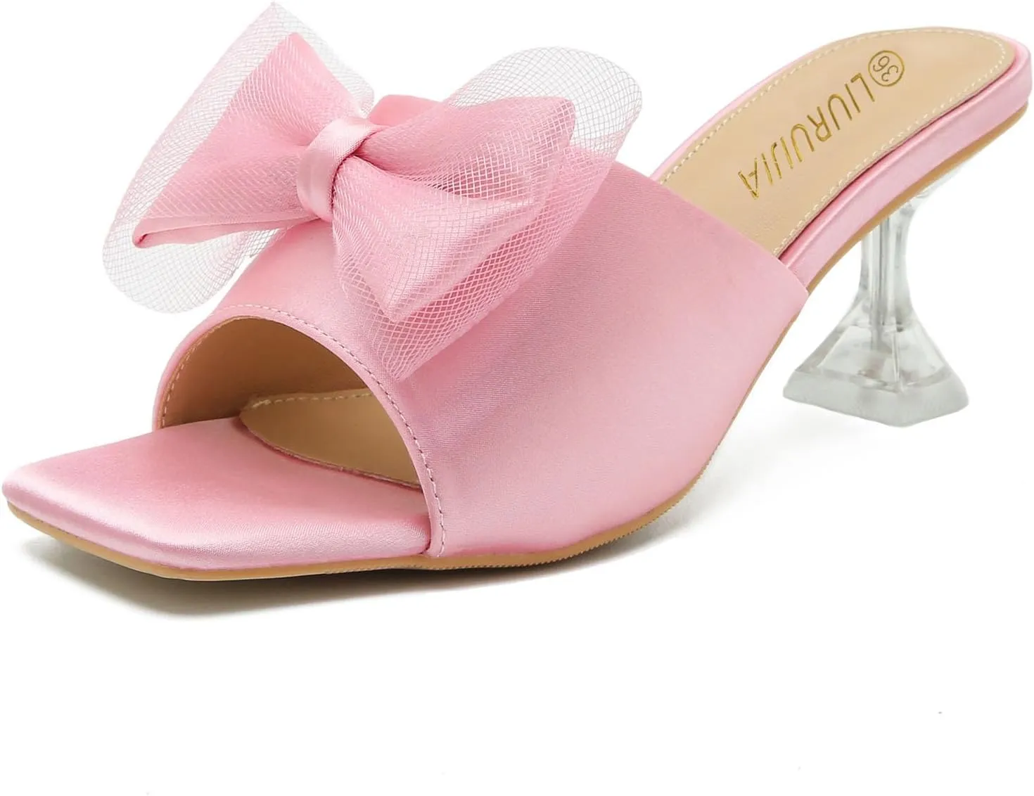 LIURUIJIA Women's Bow Heels Mules Sandals Square Toe Slip On Low Kitten Heels Wedding Bridal Dress Shoes