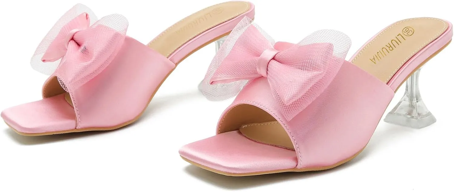 LIURUIJIA Women's Bow Heels Mules Sandals Square Toe Slip On Low Kitten Heels Wedding Bridal Dress Shoes