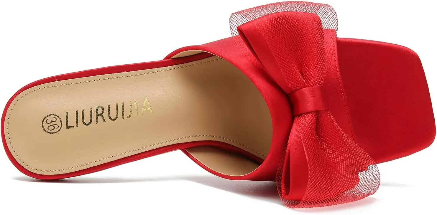 LIURUIJIA Women's Bow Heels Mules Sandals Square Toe Slip On Low Kitten Heels Wedding Bridal Dress Shoes