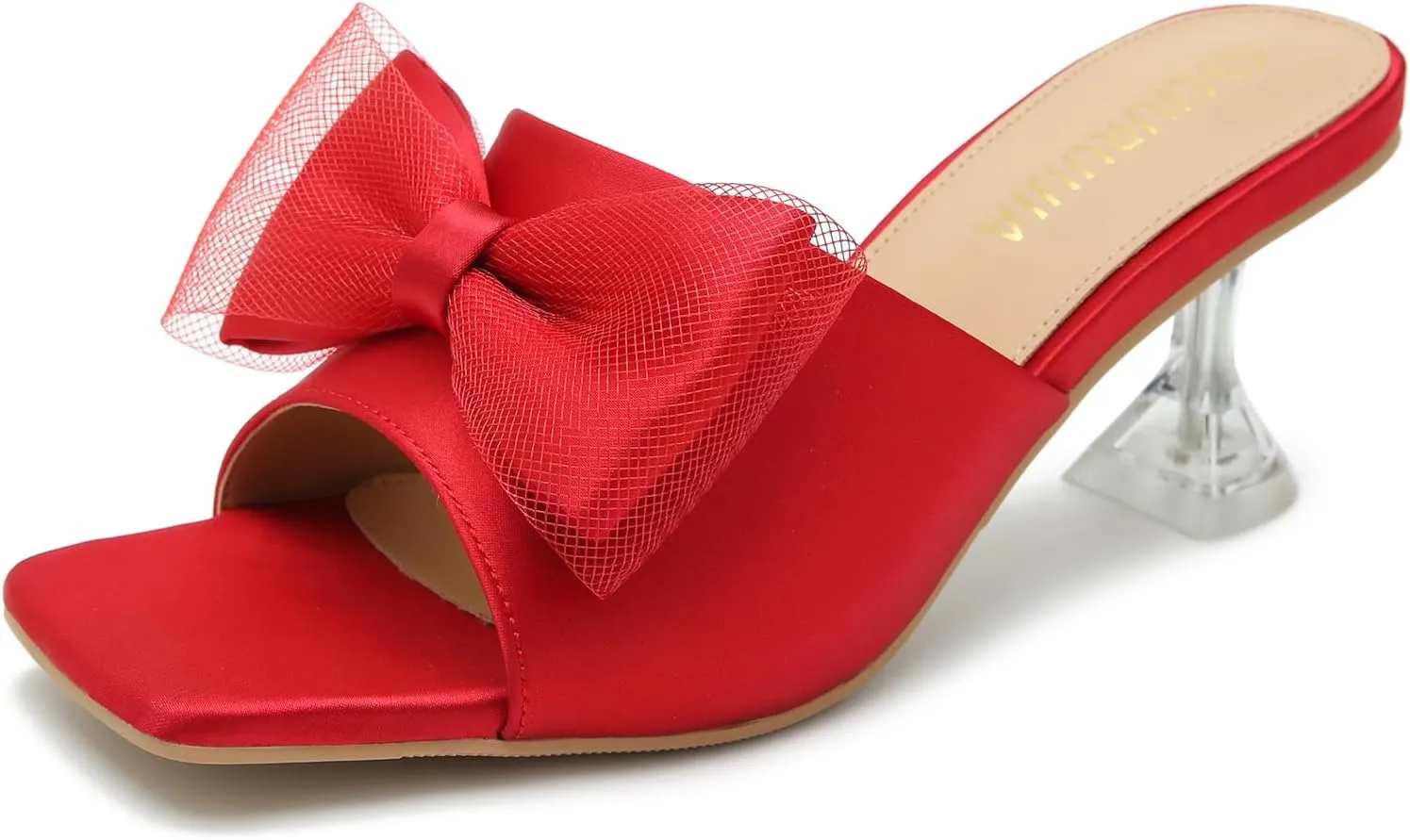 LIURUIJIA Women's Bow Heels Mules Sandals Square Toe Slip On Low Kitten Heels Wedding Bridal Dress Shoes
