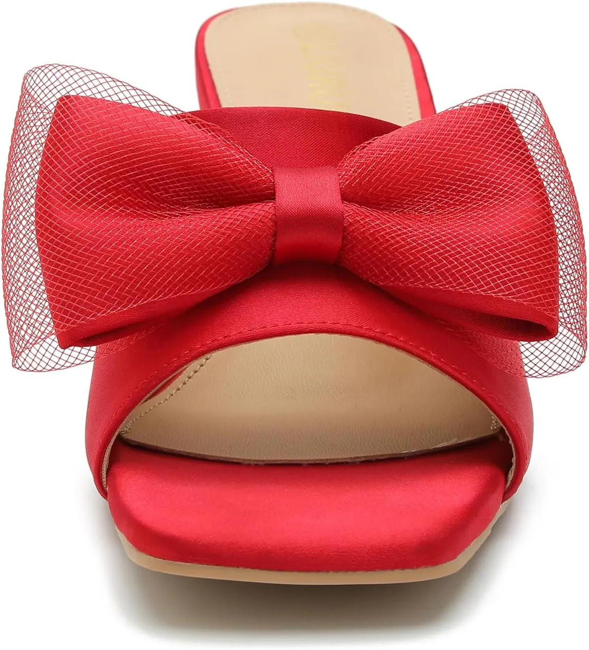 LIURUIJIA Women's Bow Heels Mules Sandals Square Toe Slip On Low Kitten Heels Wedding Bridal Dress Shoes