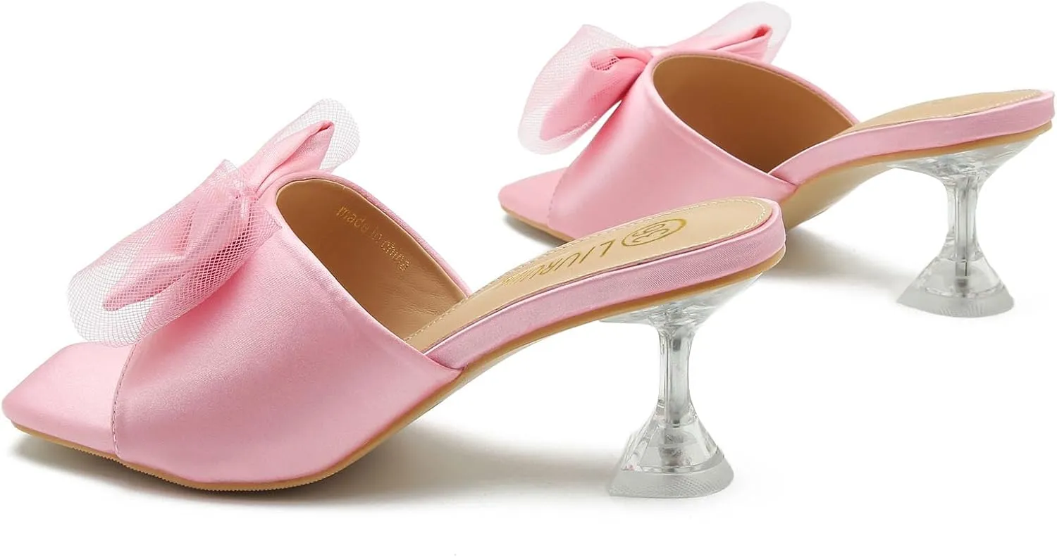 LIURUIJIA Women's Bow Heels Mules Sandals Square Toe Slip On Low Kitten Heels Wedding Bridal Dress Shoes