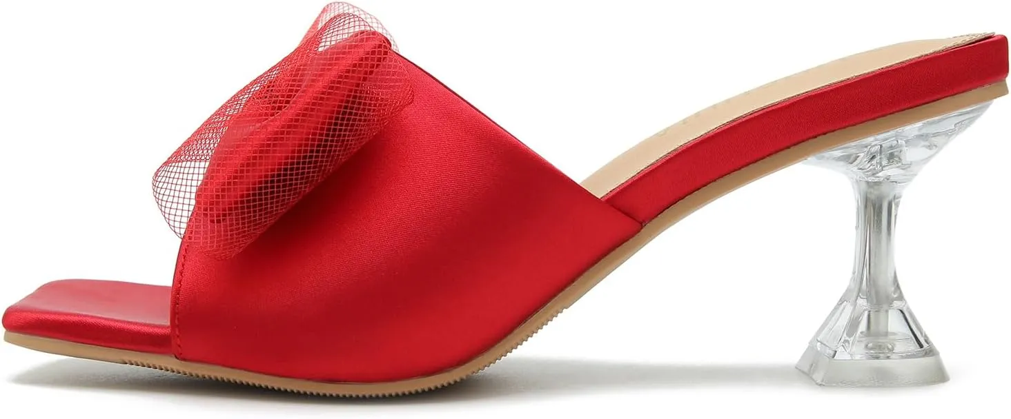 LIURUIJIA Women's Bow Heels Mules Sandals Square Toe Slip On Low Kitten Heels Wedding Bridal Dress Shoes