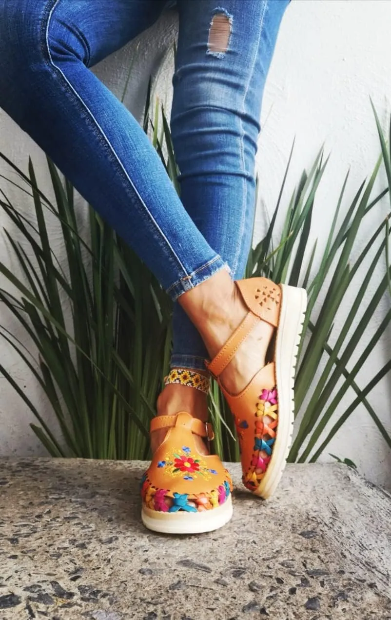 Macarena Collection Sandals women Huarache Sandal Colorful Leather Mexican Style Embroidered Flowers B230