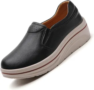 MEBAMY Women's Leather Soft Slip-On Loafers,Round Toe Platform Casual Sneakers,Non-Slip Heighten Low Top Comfortable Walking Loafers Black