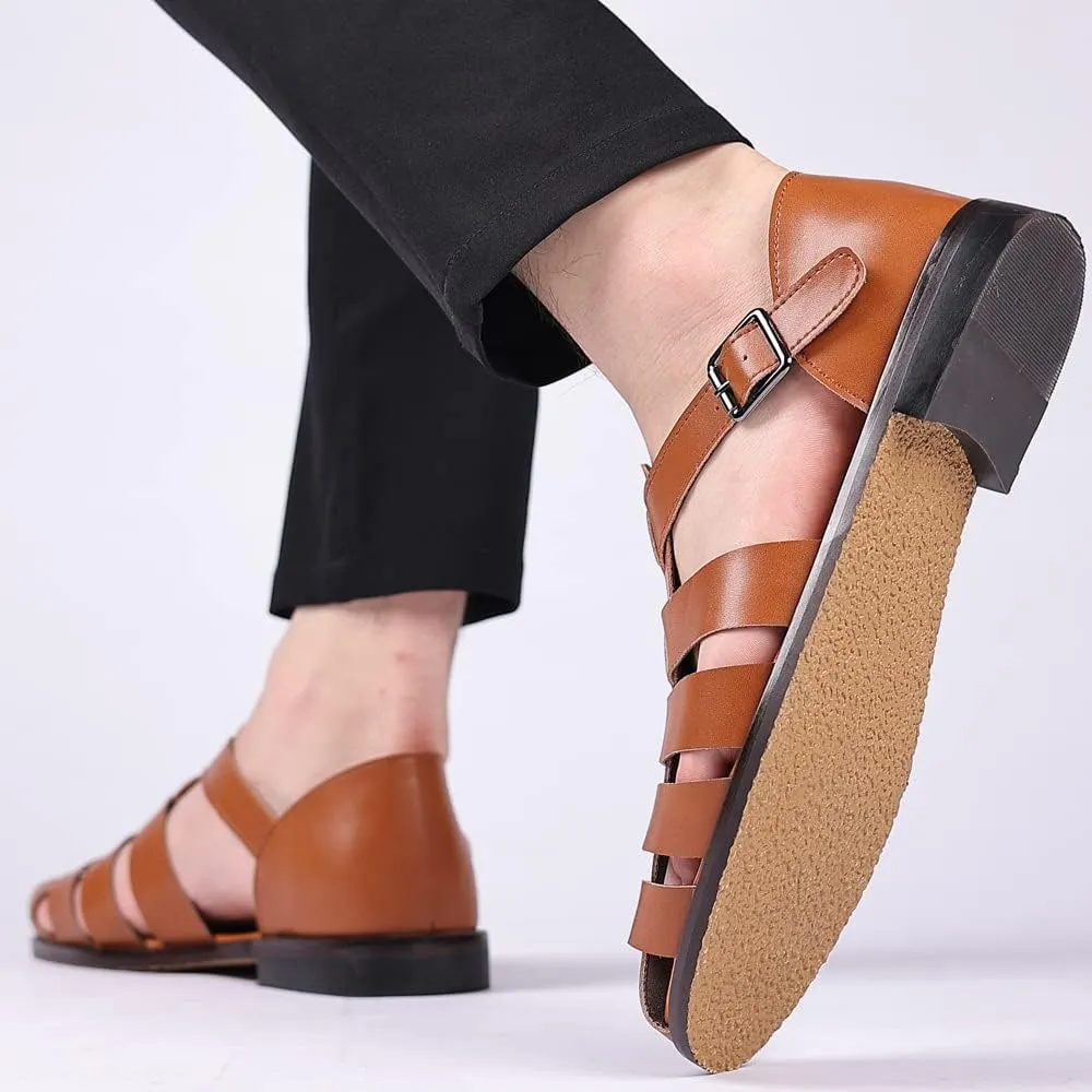 Mens Closed Toe Sandals Ankle Buckle Hollow Out Roman Shoes Outdoor Fisherman Adjustable Beach Summer Sandals Anti Slip Flat Sandals Comfort Casual Walking Shoes Lightweight T-Strap Ankle Strap Sandal