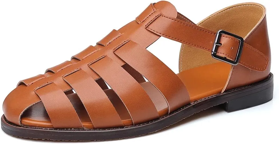 Mens Closed Toe Sandals Ankle Buckle Hollow Out Roman Shoes Outdoor Fisherman Adjustable Beach Summer Sandals Anti Slip Flat Sandals Comfort Casual Walking Shoes Lightweight T-Strap Ankle Strap Sandal