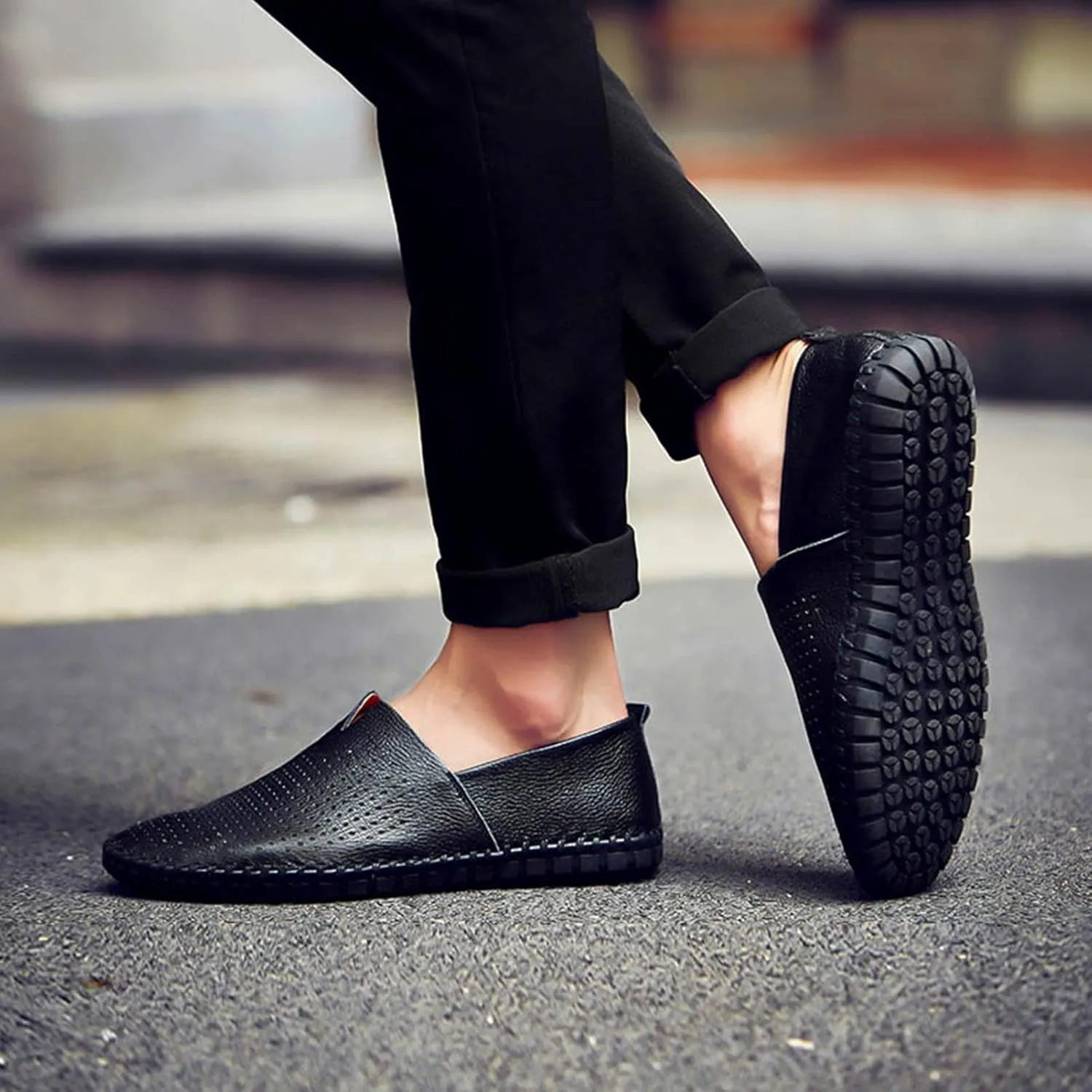 Men's Genuine Leather Loafer Flats Slip-On Soft Handmade Sole Summer Hollowed Casual Driving Shoes