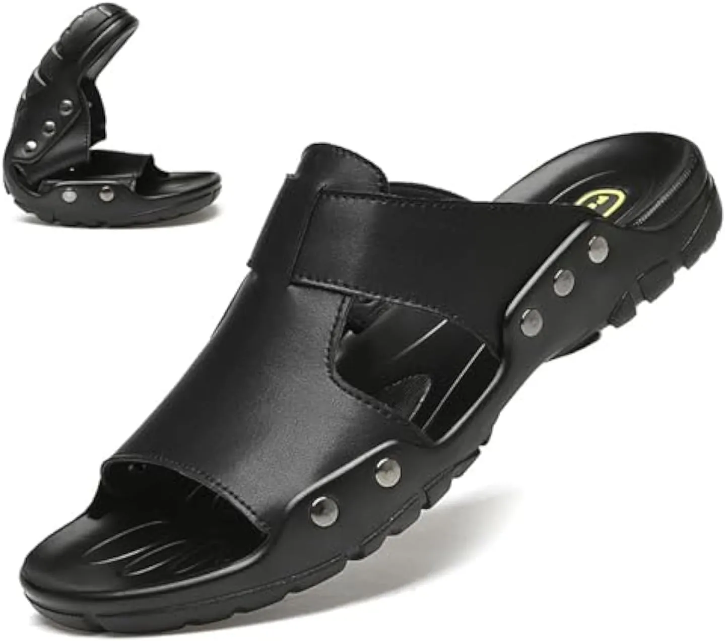 Men's Genuine Leather Rivet Slip On Flat Sandals Classic Retro Round Open Toe Slip On Soft Sole Male Sandals Summer Casual Dressy Sandals
