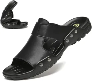 Men's Genuine Leather Rivet Slip On Flat Sandals Classic Retro Round Open Toe Slip On Soft Sole Male Sandals Summer Casual Dressy Sandals