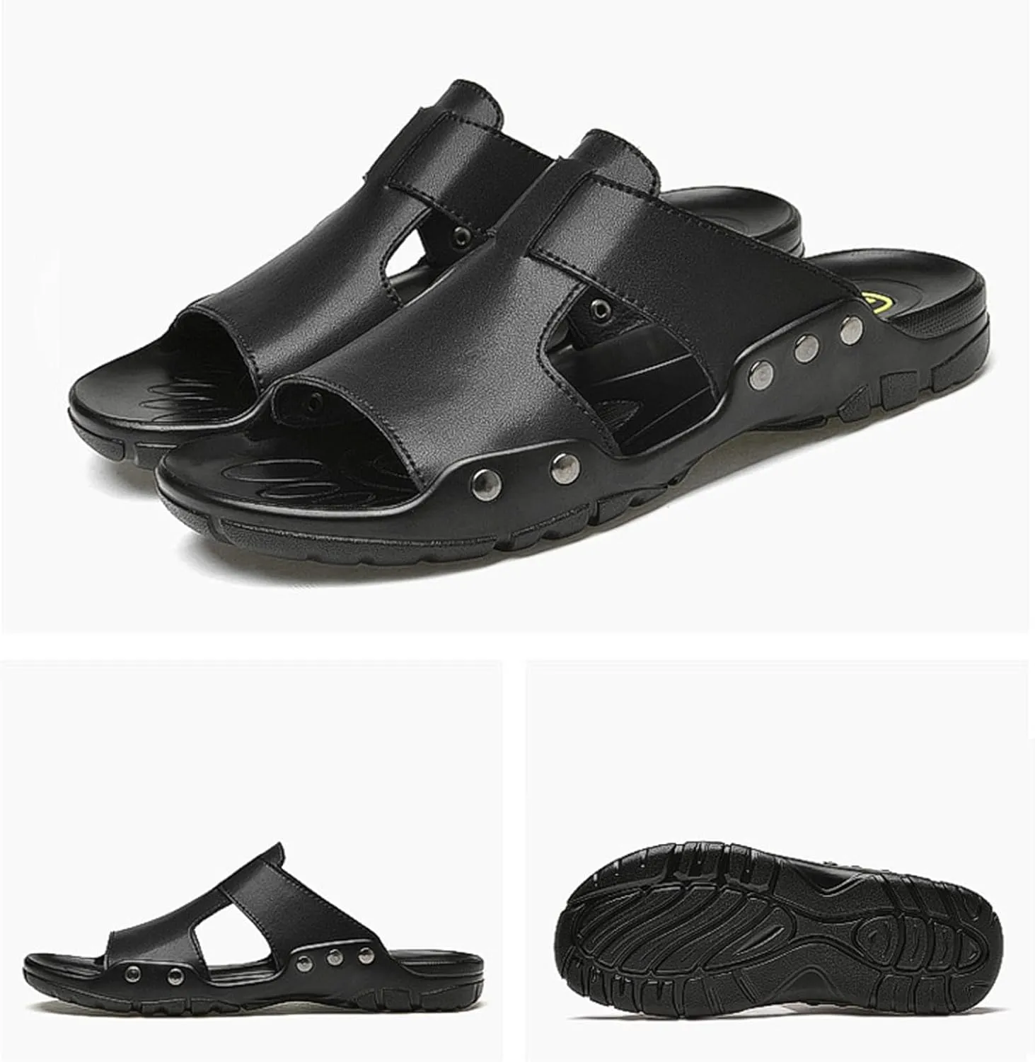 Men's Genuine Leather Rivet Slip On Flat Sandals Classic Retro Round Open Toe Slip On Soft Sole Male Sandals Summer Casual Dressy Sandals