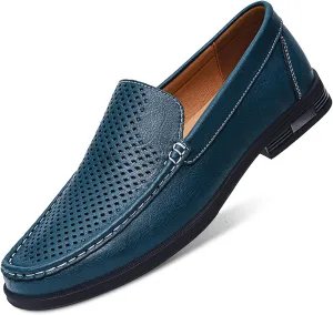 Mens Genuine Leather Slip-on Loafers Casual Hollow Breathable Comfort Penny Loafers Shoes Soft Sole Flat Dress Driving Causal Shoes