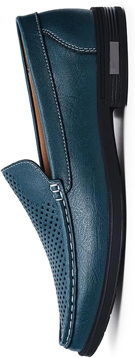 Mens Genuine Leather Slip-on Loafers Casual Hollow Breathable Comfort Penny Loafers Shoes Soft Sole Flat Dress Driving Causal Shoes