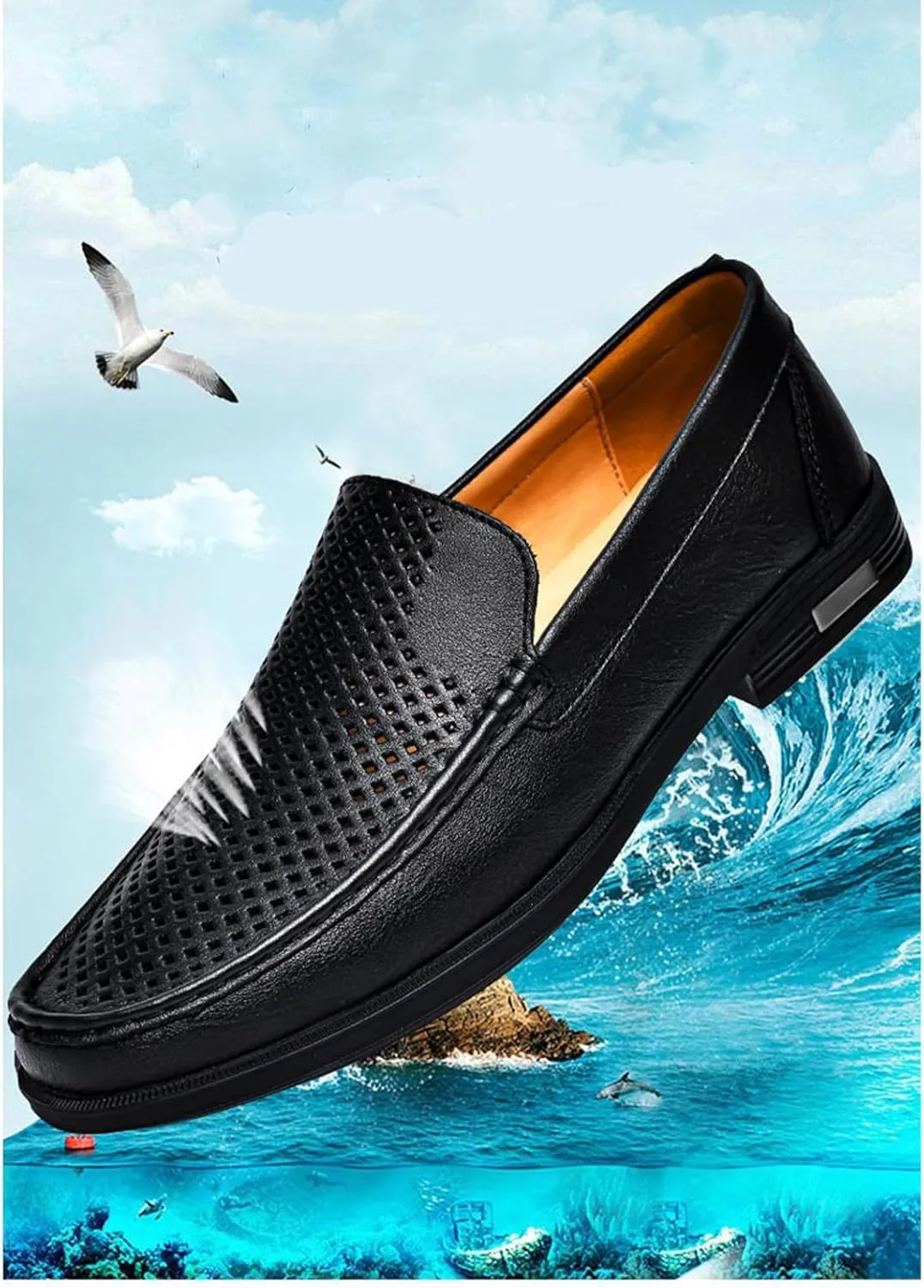 Mens Genuine Leather Slip-on Loafers Casual Hollow Breathable Comfort Penny Loafers Shoes Soft Sole Flat Dress Driving Causal Shoes
