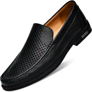 Mens Genuine Leather Slip-on Loafers Casual Hollow Breathable Comfort Penny Loafers Shoes Soft Sole Flat Dress Driving Causal Shoes
