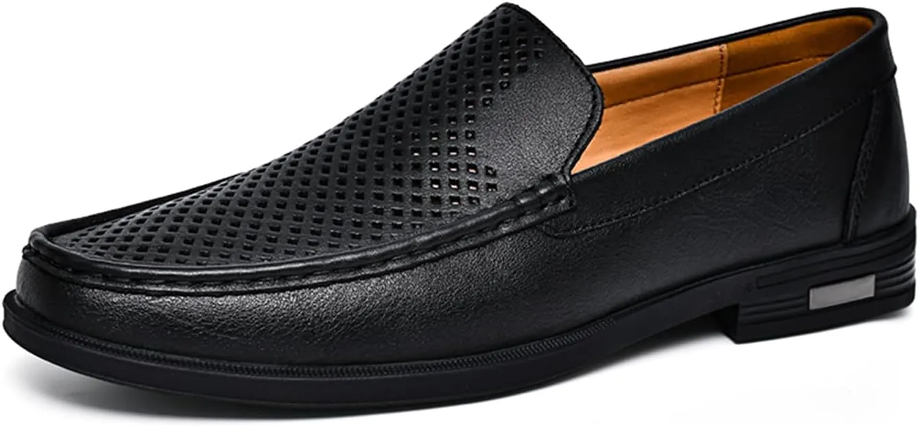 Mens Genuine Leather Slip-on Loafers Casual Hollow Breathable Comfort Penny Loafers Shoes Soft Sole Flat Dress Driving Causal Shoes