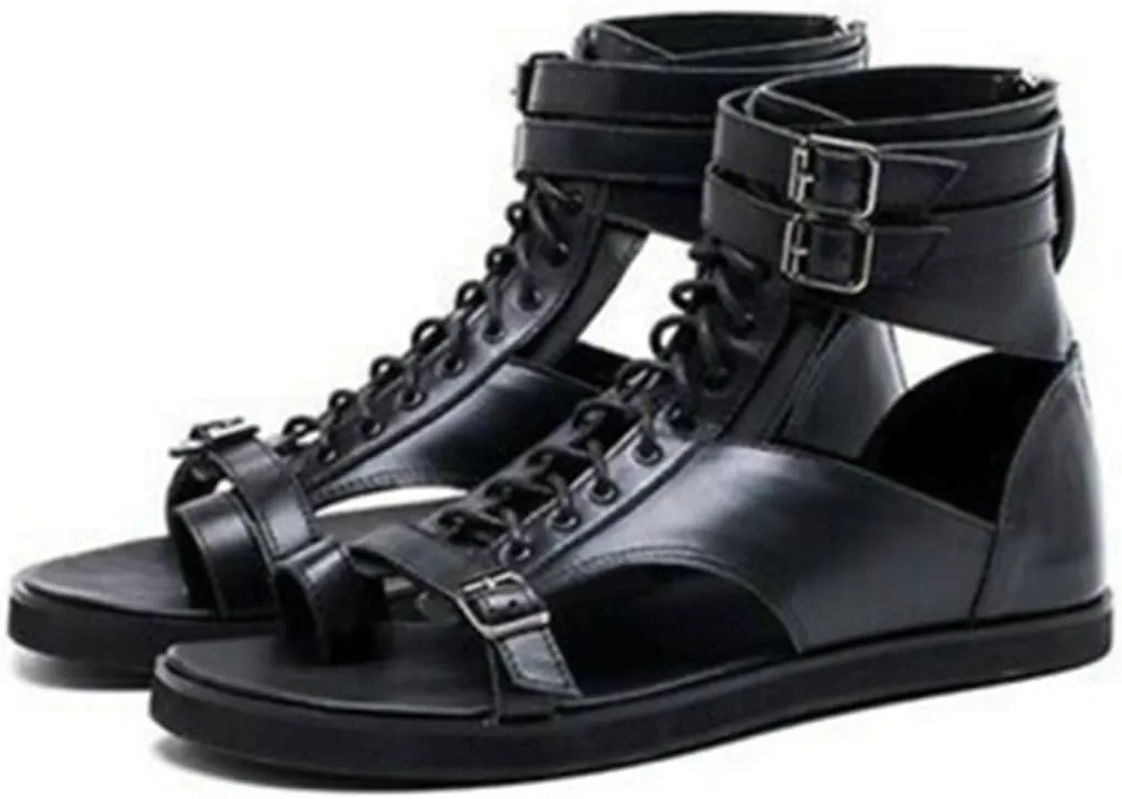 Men's Gladiator Sandals Summer Outdoor Non-Slip Beach Sandals Shoes High Top Lace-Up Buckle Sandals Leather Roman Sandals Clip Toe Flip-Flops Flats Summer Zipper Shoes for Walking Hiking