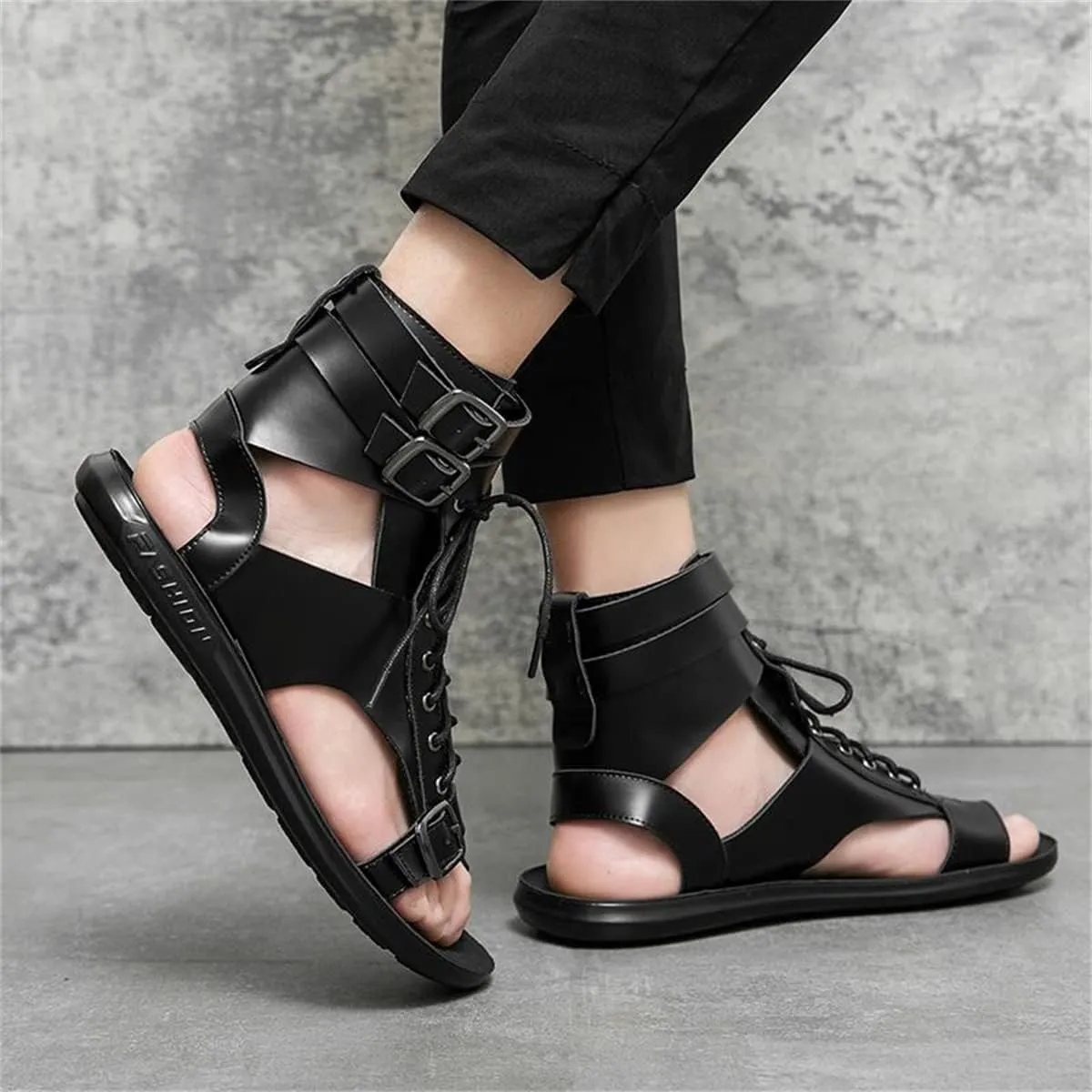 Men's Gladiator Sandals Summer Outdoor Non-Slip Beach Sandals Shoes High Top Lace-Up Buckle Sandals Leather Roman Sandals Clip Toe Flip-Flops Flats Summer Zipper Shoes for Walking Hiking