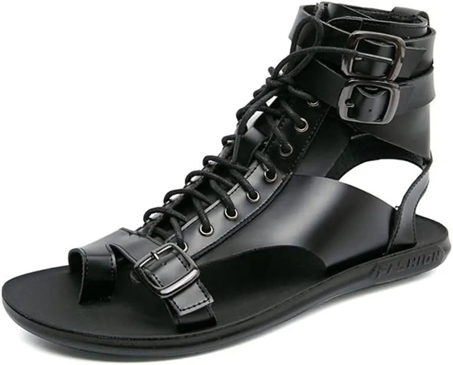 Men's Gladiator Sandals Summer Outdoor Non-Slip Beach Sandals Shoes High Top Lace-Up Buckle Sandals Leather Roman Sandals Clip Toe Flip-Flops Flats Summer Zipper Shoes for Walking Hiking
