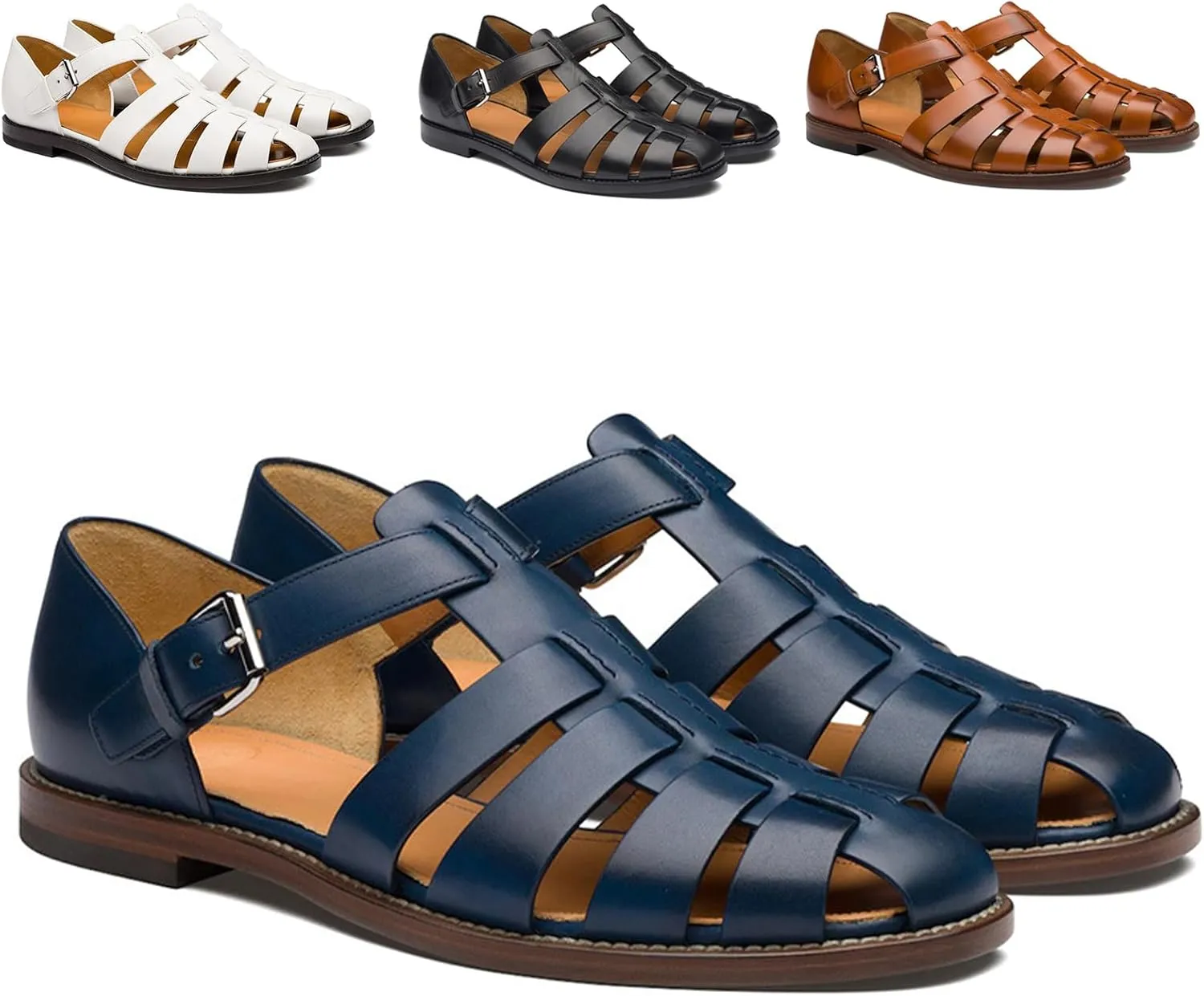 Men's Leather Roman Fisherman Sandals with Adjustable Buckle Closed Toe Summer Beach Non-Slip Comfortable Casual Walking Sandals Daily Slippers Sandals