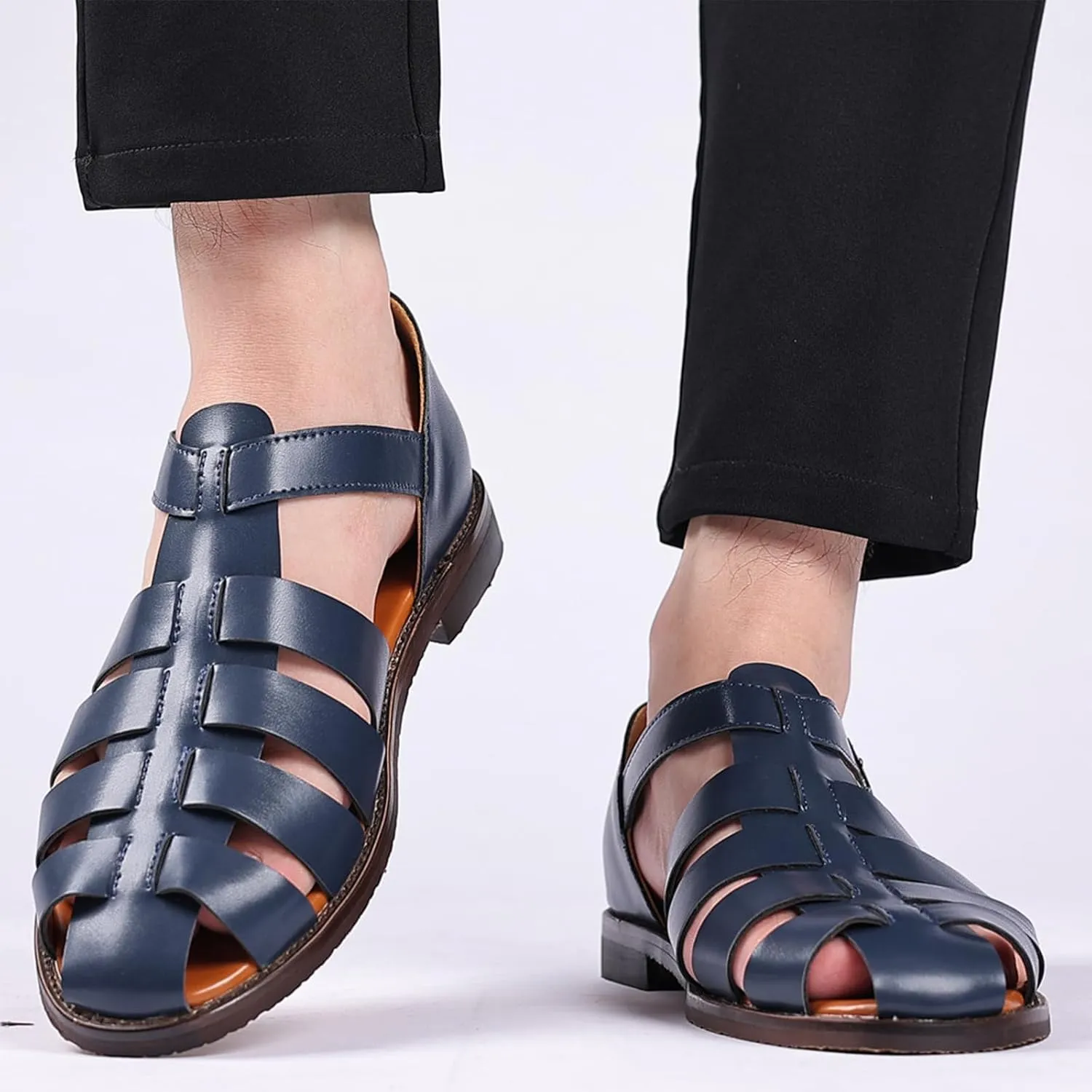 Men's Leather Roman Fisherman Sandals with Adjustable Buckle Closed Toe Summer Beach Non-Slip Comfortable Casual Walking Sandals Daily Slippers Sandals