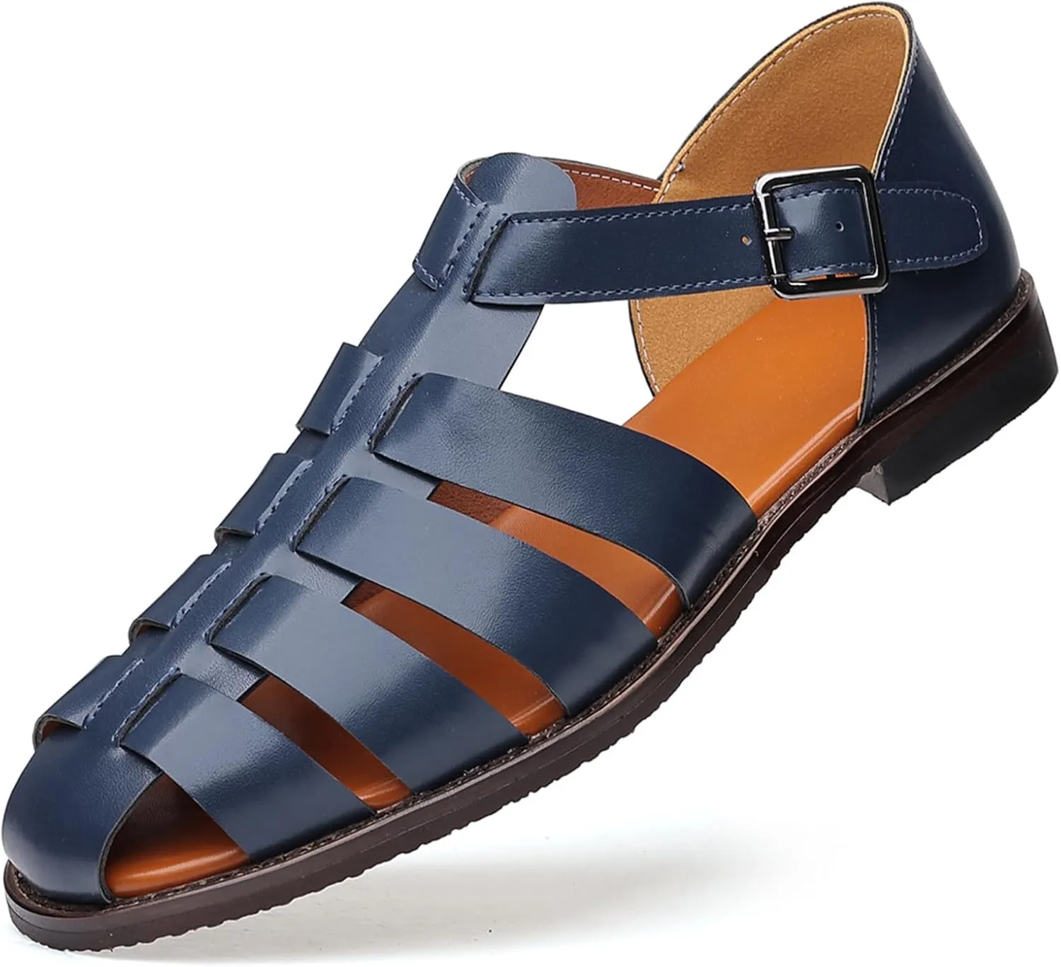Men's Leather Roman Fisherman Sandals with Adjustable Buckle Closed Toe Summer Beach Non-Slip Comfortable Casual Walking Sandals Daily Slippers Sandals