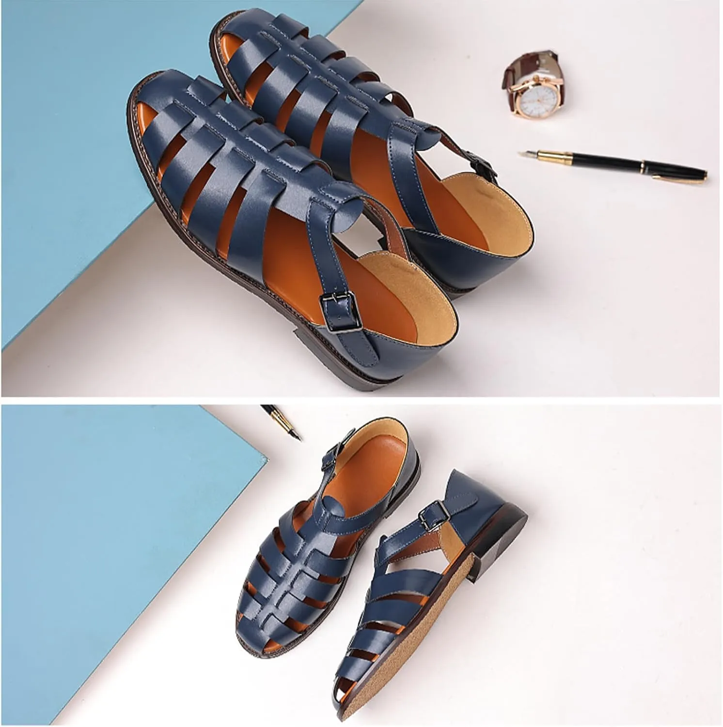 Men's Leather Roman Fisherman Sandals with Adjustable Buckle Closed Toe Summer Beach Non-Slip Comfortable Casual Walking Sandals Daily Slippers Sandals