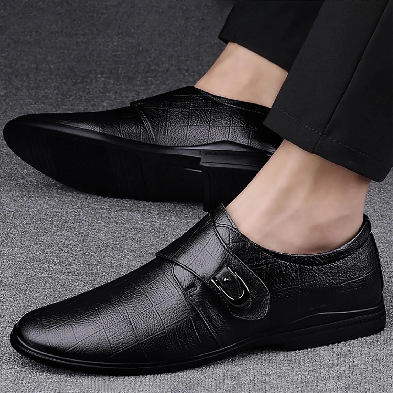 Mens Plaid Toe Shoes Premium Split Cow Leather Uppers，Casual Leather Shoes Soft Cowhide Versatile Leather Breathable Lightweight Comfy Shoes