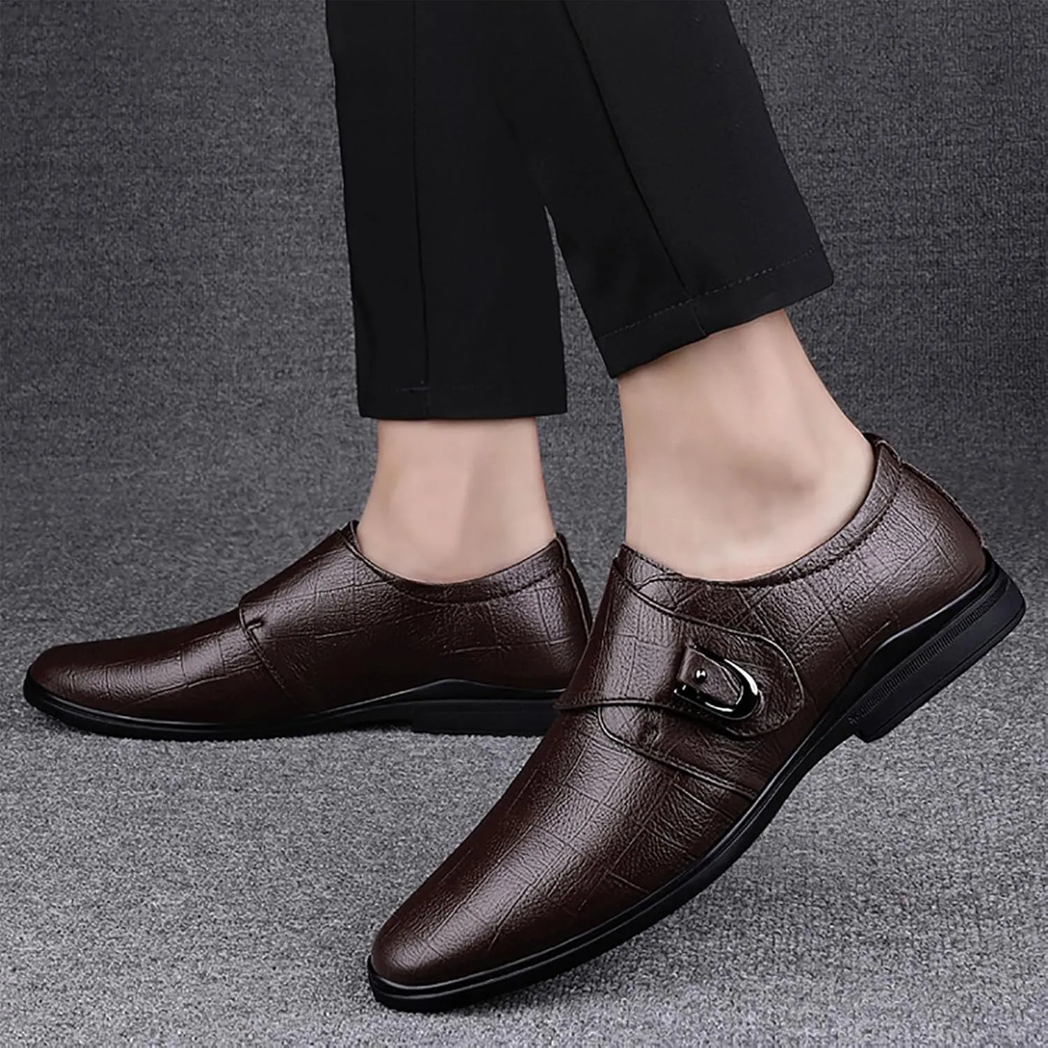 Mens Plaid Toe Shoes Premium Split Cow Leather Uppers，Casual Leather Shoes Soft Cowhide Versatile Leather Breathable Lightweight Comfy Shoes