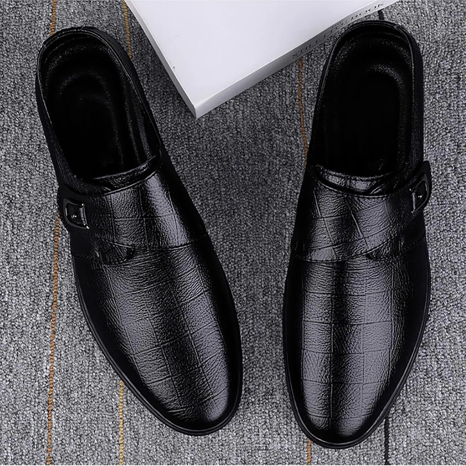 Mens Plaid Toe Shoes Premium Split Cow Leather Uppers，Casual Leather Shoes Soft Cowhide Versatile Leather Breathable Lightweight Comfy Shoes