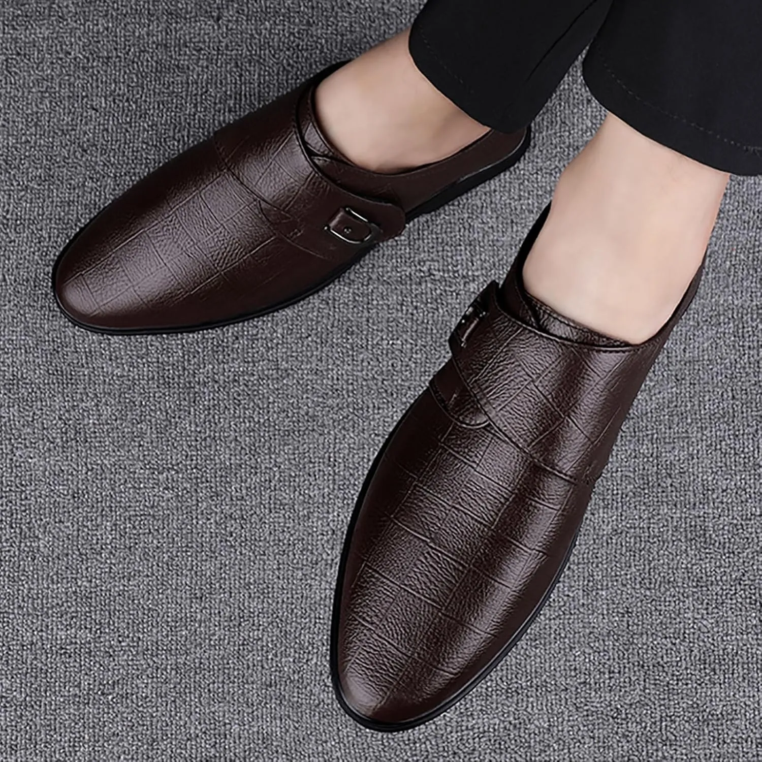 Mens Plaid Toe Shoes Premium Split Cow Leather Uppers，Casual Leather Shoes Soft Cowhide Versatile Leather Breathable Lightweight Comfy Shoes