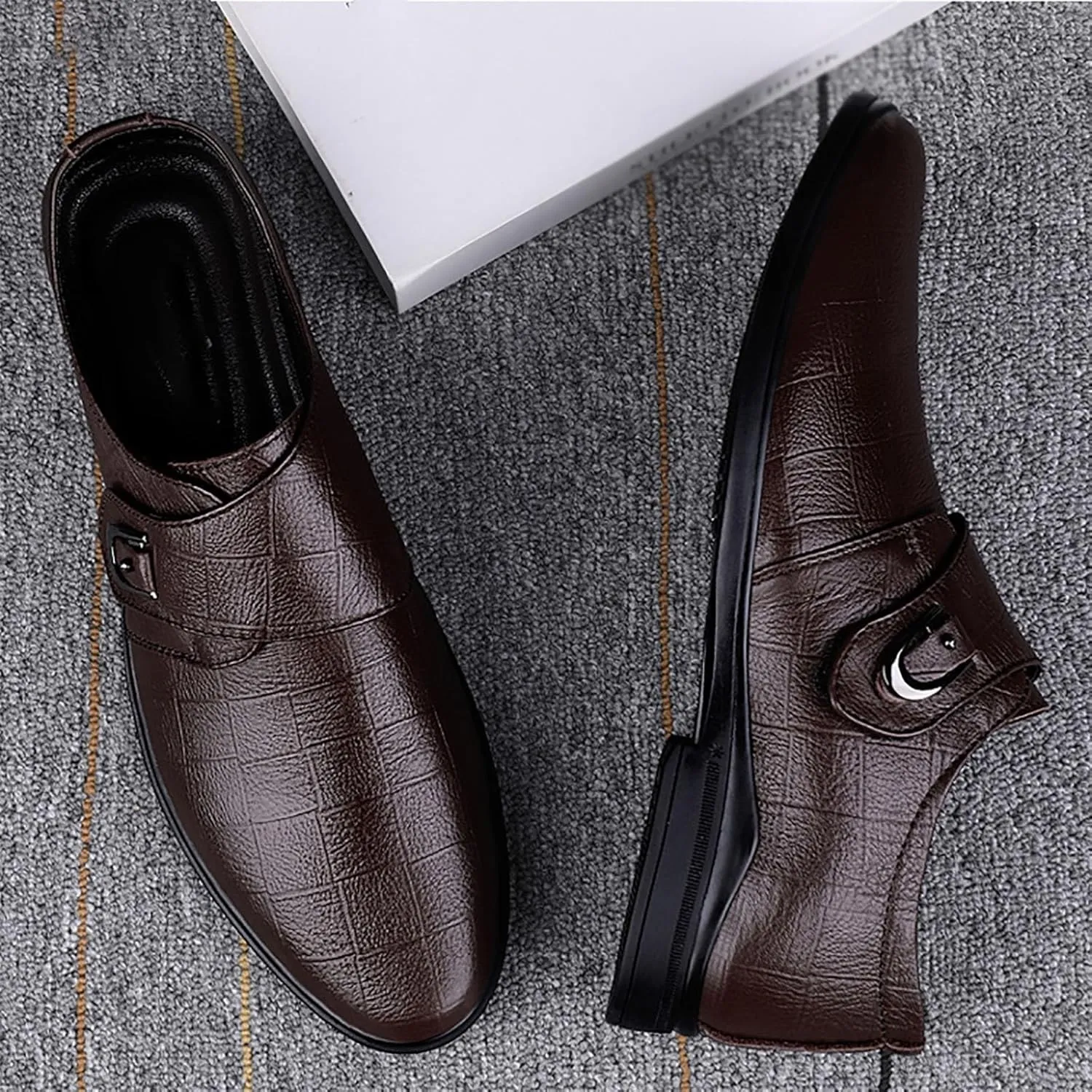 Mens Plaid Toe Shoes Premium Split Cow Leather Uppers，Casual Leather Shoes Soft Cowhide Versatile Leather Breathable Lightweight Comfy Shoes