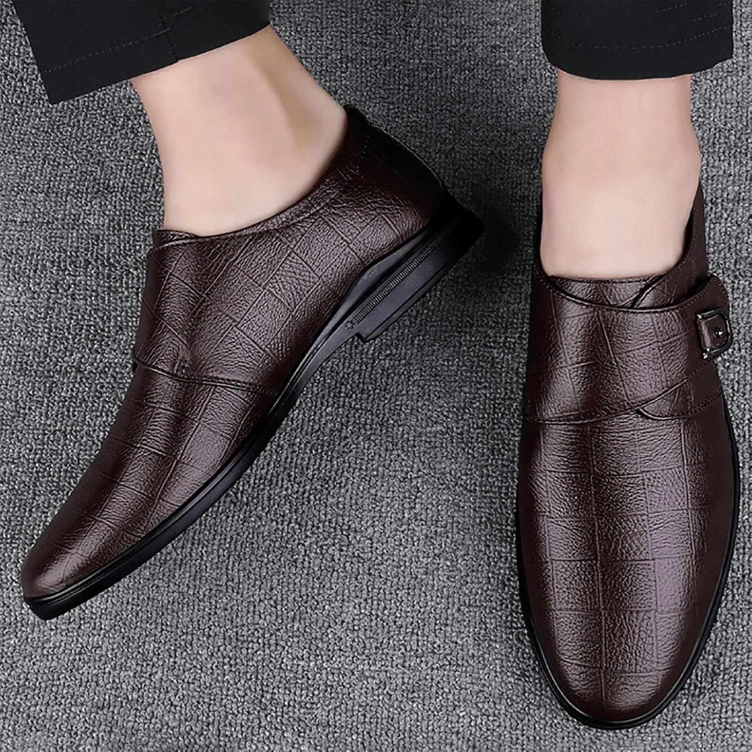 Mens Plaid Toe Shoes Premium Split Cow Leather Uppers，Casual Leather Shoes Soft Cowhide Versatile Leather Breathable Lightweight Comfy Shoes