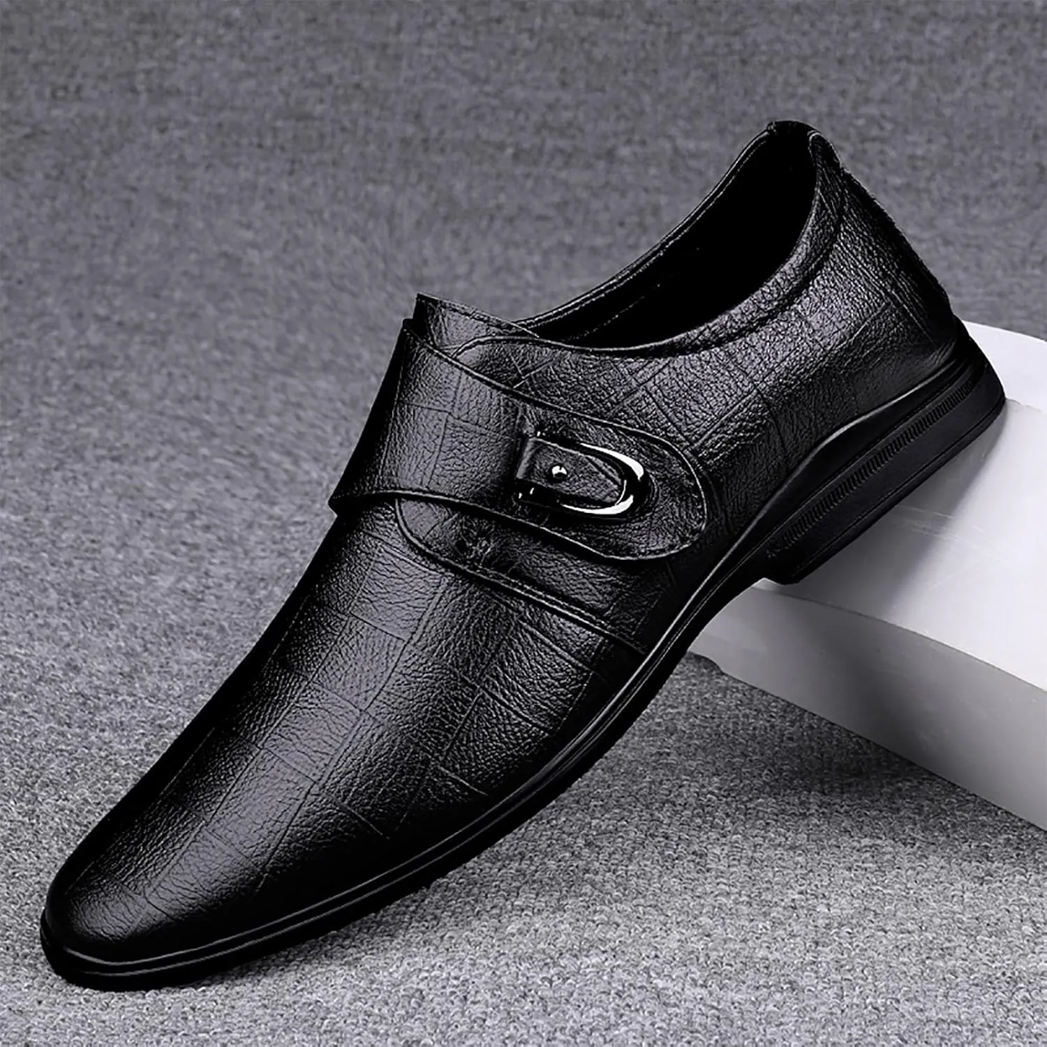 Mens Plaid Toe Shoes Premium Split Cow Leather Uppers，Casual Leather Shoes Soft Cowhide Versatile Leather Breathable Lightweight Comfy Shoes