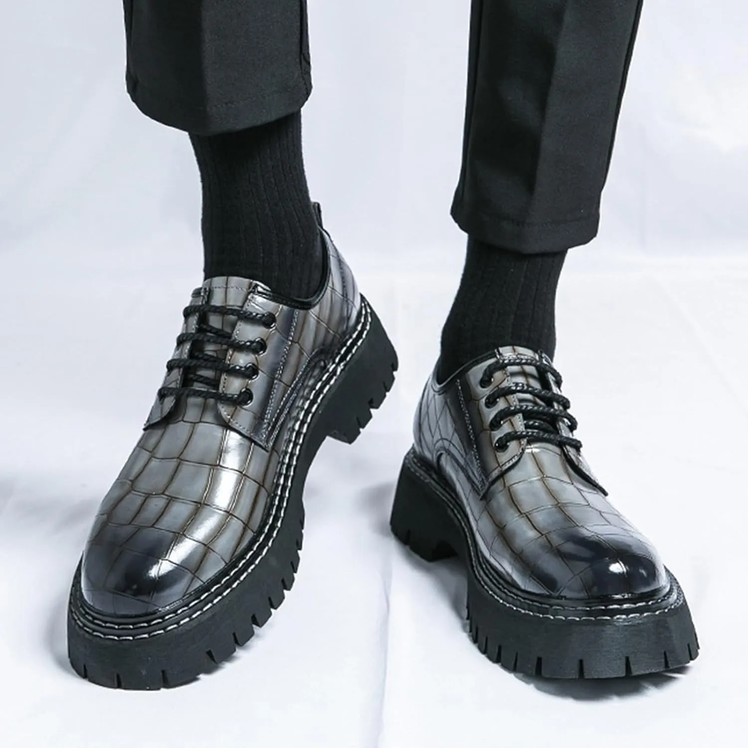Men's Print Lace Up Platform Increase Oxfords,Fashion PU Leather Lug Sole Loafers Classic Round Toe Comfort Slip On Dress Shoes