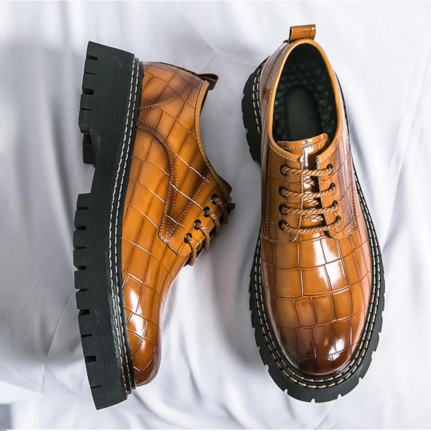 Men's Print Lace Up Platform Increase Oxfords,Fashion PU Leather Lug Sole Loafers Classic Round Toe Comfort Slip On Dress Shoes