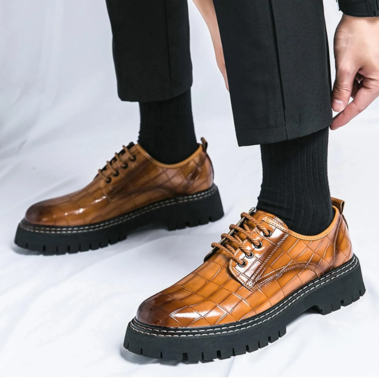 Men's Print Lace Up Platform Increase Oxfords,Fashion PU Leather Lug Sole Loafers Classic Round Toe Comfort Slip On Dress Shoes