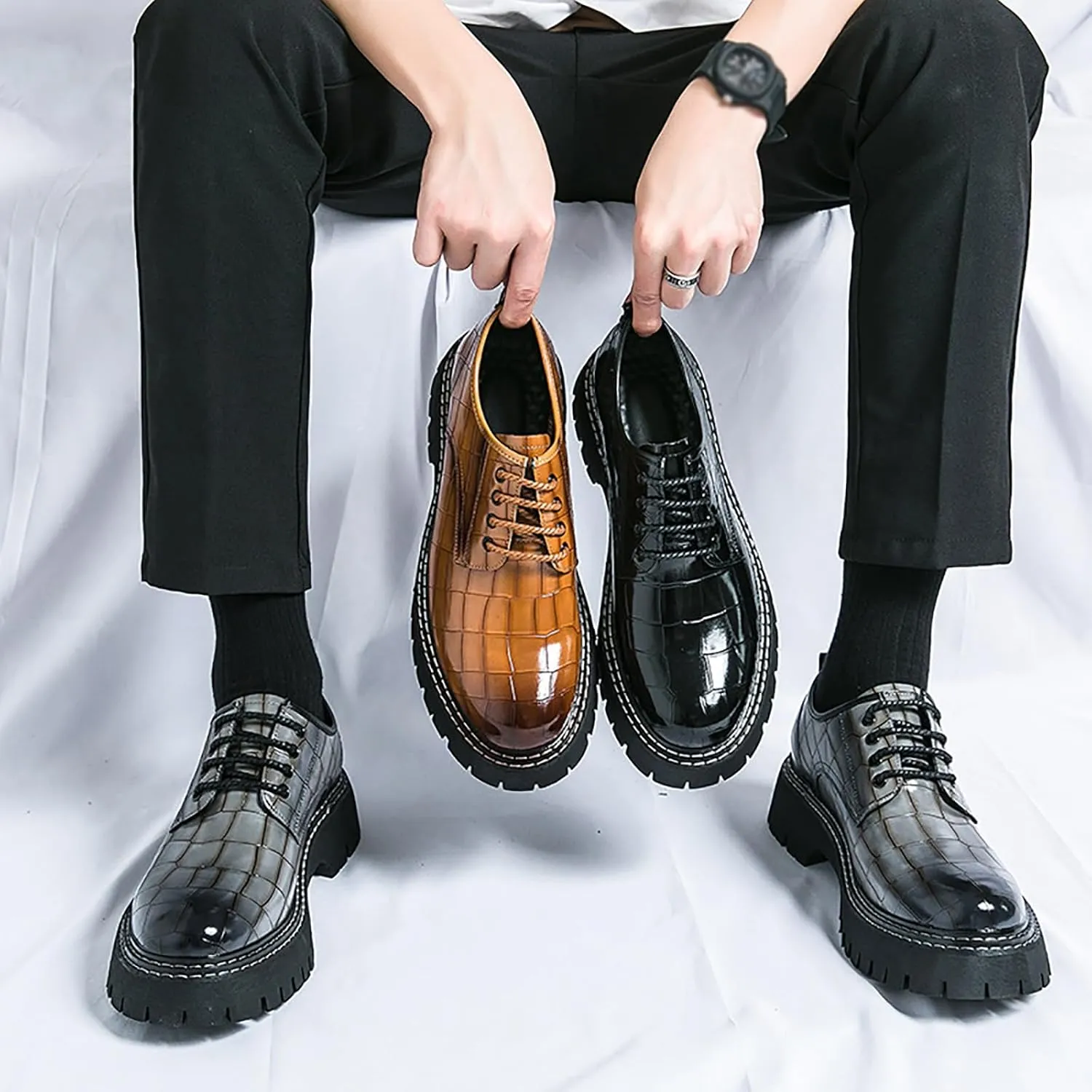 Men's Print Lace Up Platform Increase Oxfords,Fashion PU Leather Lug Sole Loafers Classic Round Toe Comfort Slip On Dress Shoes