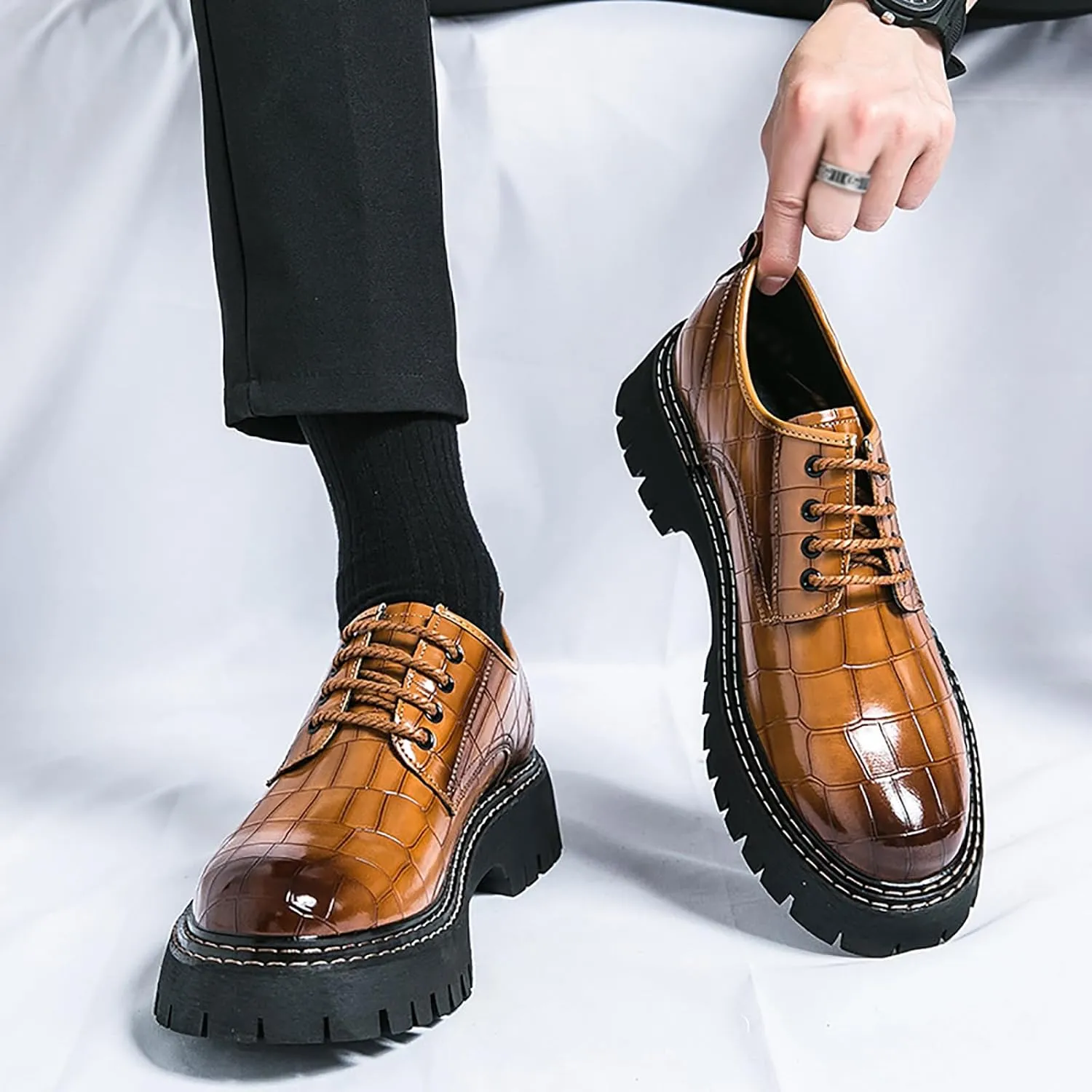 Men's Print Lace Up Platform Increase Oxfords,Fashion PU Leather Lug Sole Loafers Classic Round Toe Comfort Slip On Dress Shoes