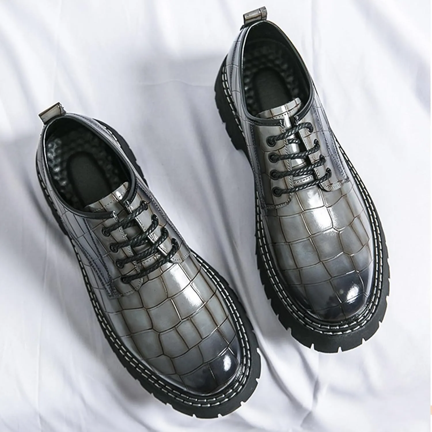 Men's Print Lace Up Platform Increase Oxfords,Fashion PU Leather Lug Sole Loafers Classic Round Toe Comfort Slip On Dress Shoes