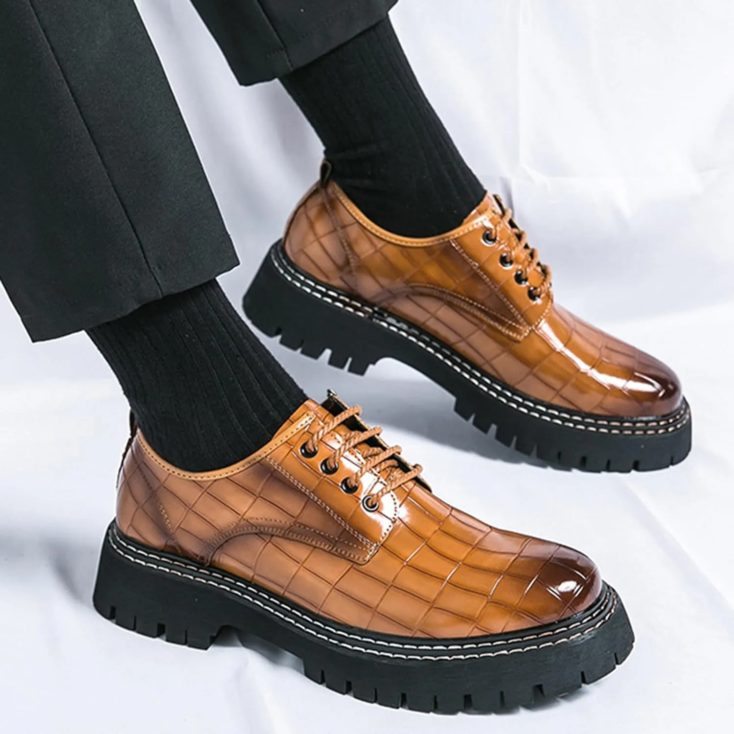 Men's Print Lace Up Platform Increase Oxfords,Fashion PU Leather Lug Sole Loafers Classic Round Toe Comfort Slip On Dress Shoes