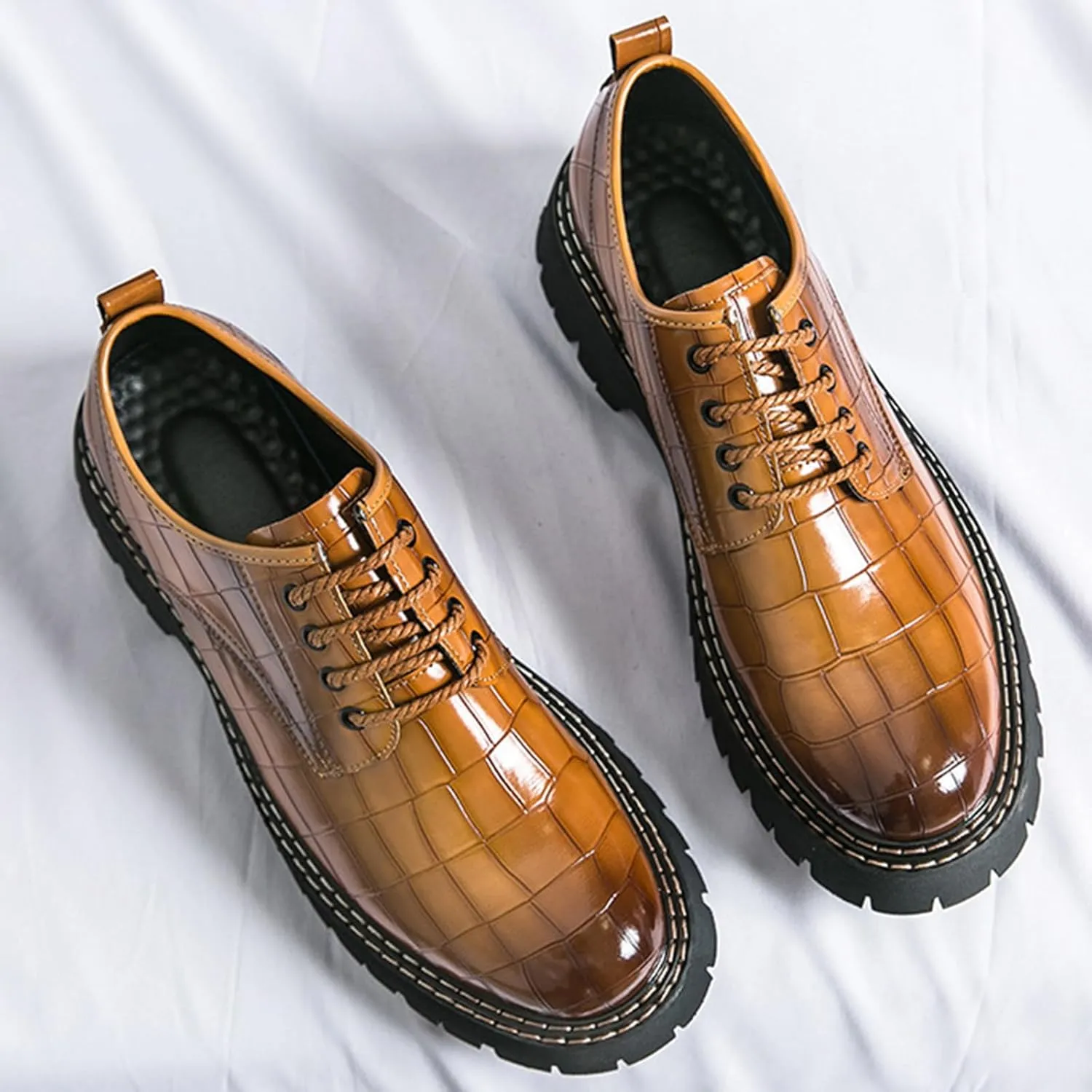 Men's Print Lace Up Platform Increase Oxfords,Fashion PU Leather Lug Sole Loafers Classic Round Toe Comfort Slip On Dress Shoes