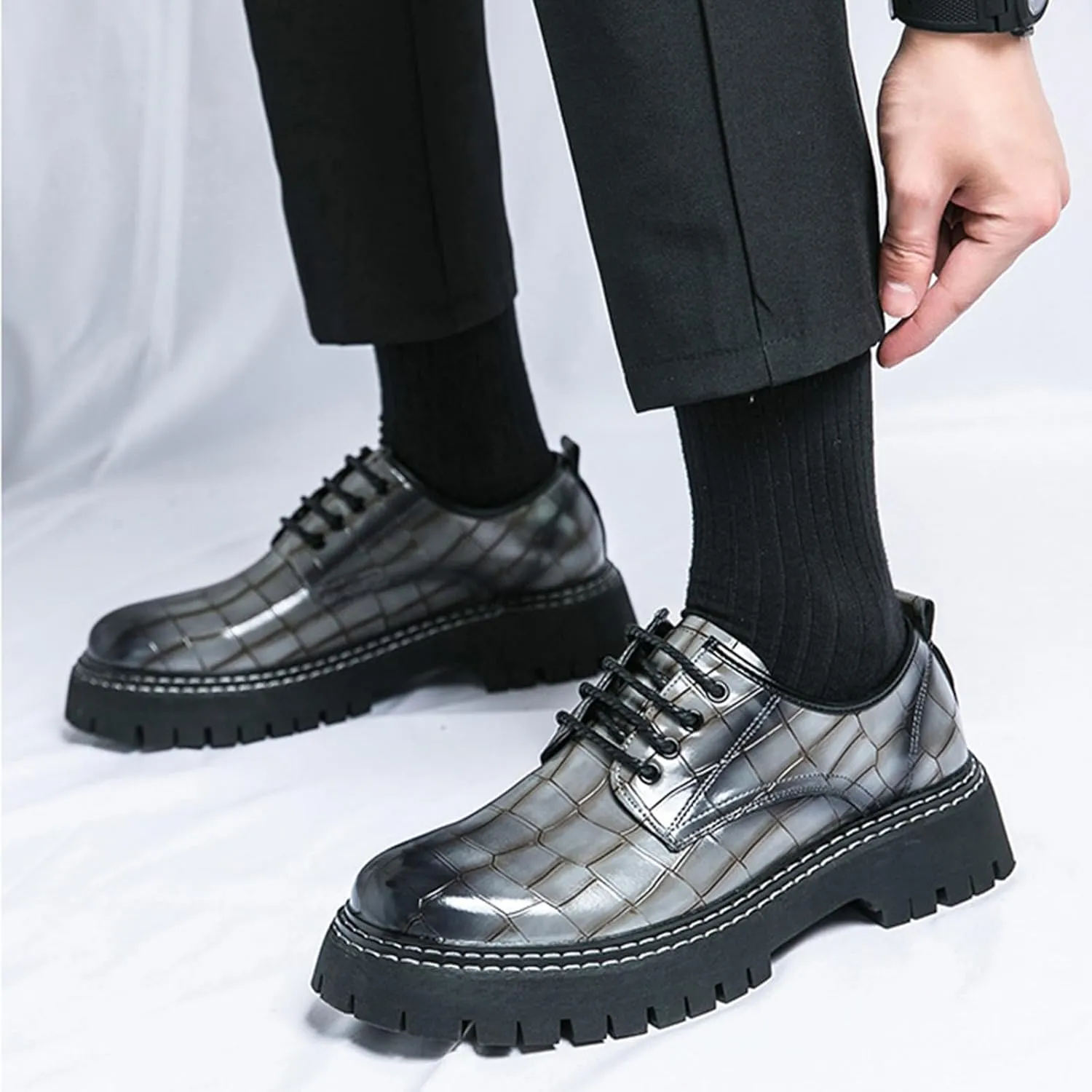 Men's Print Lace Up Platform Increase Oxfords,Fashion PU Leather Lug Sole Loafers Classic Round Toe Comfort Slip On Dress Shoes